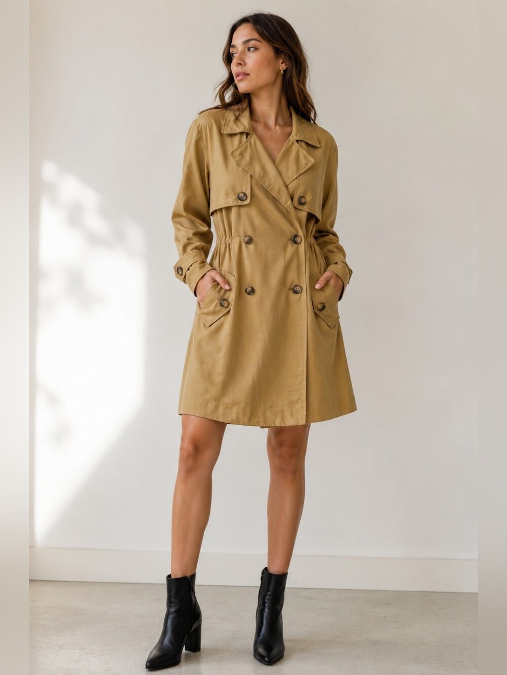Vintage Gillian 100% Silk Trench Coat Dress Women Size 2 Mustard Gold Y2K